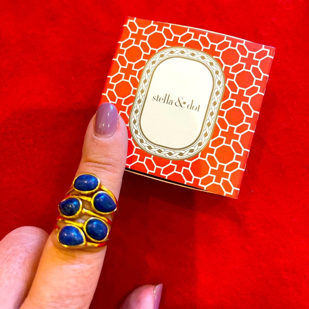 Stella and Dot gold adjustable ring with blue stones